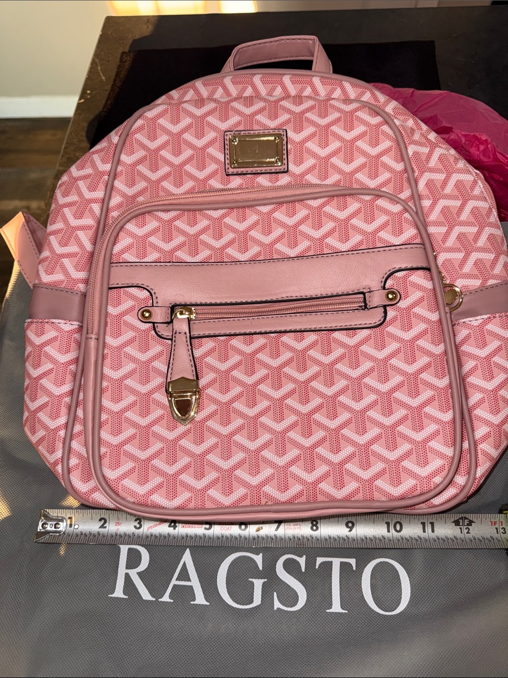 Pink Patterned Backpack with Gold-Tone Accents